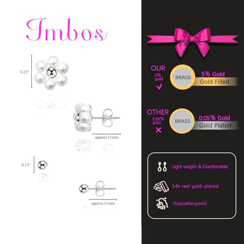IMBOS Pearl Earrings 14k Gold Plated Daisy Flower Stud Earrings for Women Ball Stud Flat Back Earring Hypoallergenic Statement Earring Trendy Jewelry Gift for Women - color: Silver-Pearl Ball