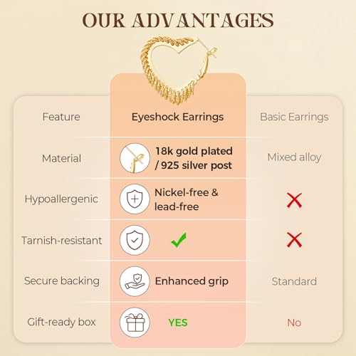 Small Hoop Earrings for Women Wide Half Huggie Hoops Chunky Hoop Earrings 18K Real Gold Plated 925 Sterling Silver Hammered Hypoallergenic Lightweight - color: QIHP-07-GoldHeart