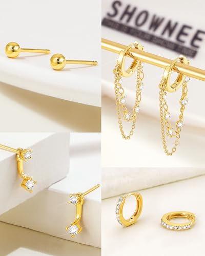 Tassel Chain Small Gold Hoop Dangle Earring For Women Huggie Earring Heart Star CZ 14K Gold Plated Fashion Jewelry Graduation Gift for Her Mothers Day Gifts for Mom - color: Gold-4 Pairs B