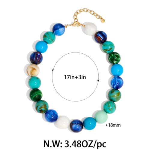 Chunky Beaded Choker Necklace for Women Boho Statement Necklace with Large Pearl Blue Brown Tone Resin Beads Summer Beach Jewelry Gifts - color: Blue
