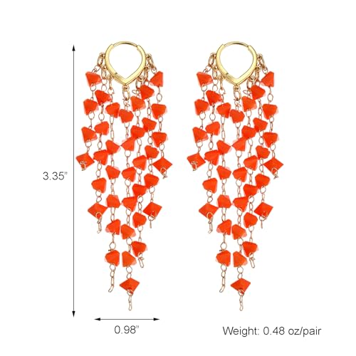 Fringe Hoop Dangle Earrings, Long Beads Tassel Chain Earrings for Women Sparkly Chandelier Earrings - color: Orange