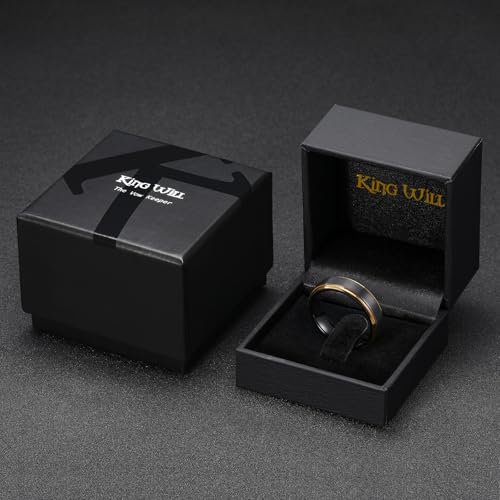 King Will Mens Brushed Wedding Band, Two Tone Matte Step Edges/Pipe Cut, Tungsten Carbide Anniversary Promise Rings Comfort Fit - color: Black&Gold Edge-6mm