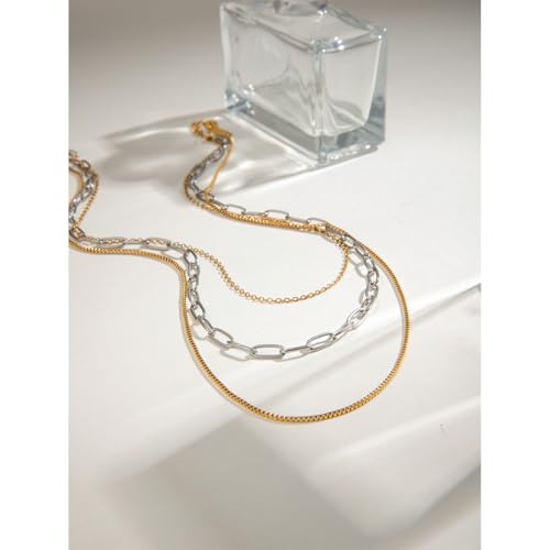 Stackable Chains Women 18K Plated Box Cuban Paperclip Layered Chain Choker Necklace Gold Silver Multi Chain Mixed Metal Stack Chains Set for Women - color: box chain necklace