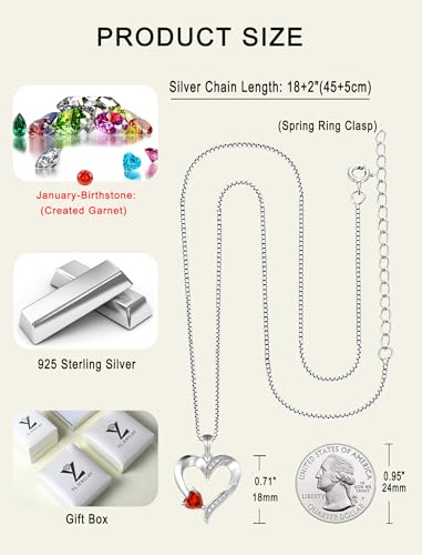 YL Heart Necklace 925 Sterling Silver Love Heart Pendant Birthstone Jewelry for Women - color: 01-garnet-Jan