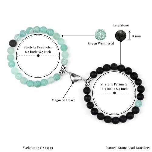 Set Of 2 Couples Bracelet Magnetic Healing Natural Bead Stone Stretch Bracelet Unisex Anniversary, Friendship, Valentine, Christmas Gift - color: Lava+Green Weathered, style: With Luxury Giftbox