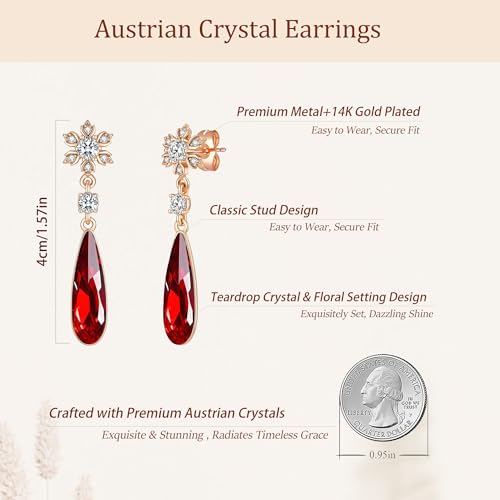 Austrian Crystal Teardrop Earrings Flower Dangle Earrings for Women 14K Gold Plated Drop Stud Earrings Hypoallergenic Jewelry - color: Red