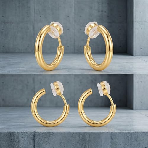 2 Pairs Clip On Gold Hoop Earrings for Women Non Pierced Ears, Gold Plated Small Huggie Hoops, Adjustable No Piercing Fake Earrings Set for Jewelry Gifts