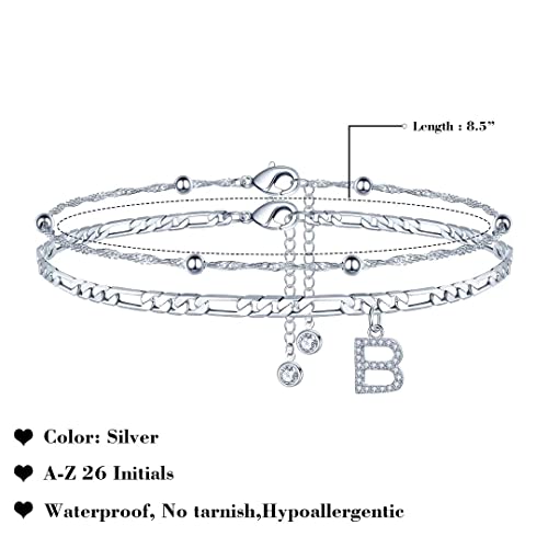 Ankle Bracelets for Women, 14K Gold Plated Dainty Layered Chain CZ Initial Anklets Summer Jewelry Gifts for Women - style: B-Silver