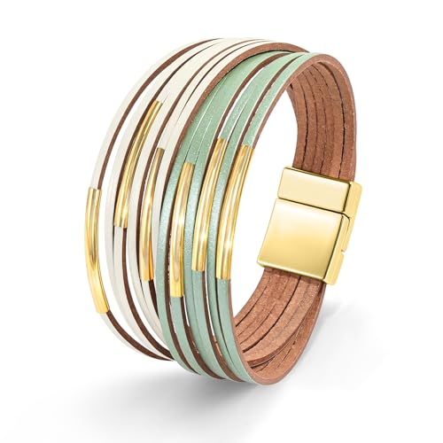Wrapped Bracelets for Women,Leather Boho Bracelets for Women - color: Leather-LightGreen