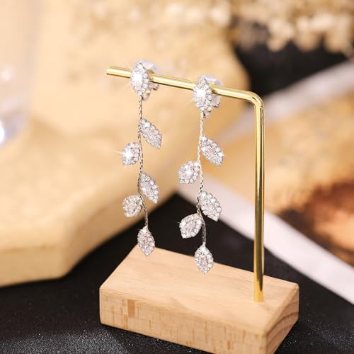 Gold/Silver Clip on Earrings Non Pierced for Women - 14K Gold Plated Long Tasse Drop Dangle Clip Earrings - Cubic Zirconia Leaf Earrings for Women Gold Wedding Jewelry Gifts - color: Silver-tone