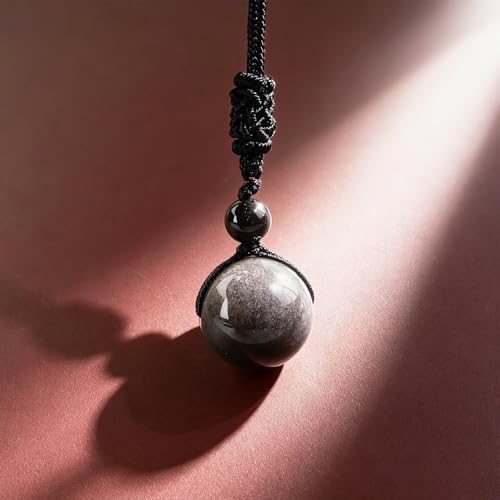 Anjiucc Natural Gemstone Healing Crystals Necklace, Adjustable Chakra Beads Pendant for Women Men, Protection, Energy Balance - color: Silvery Sheen Obsidian