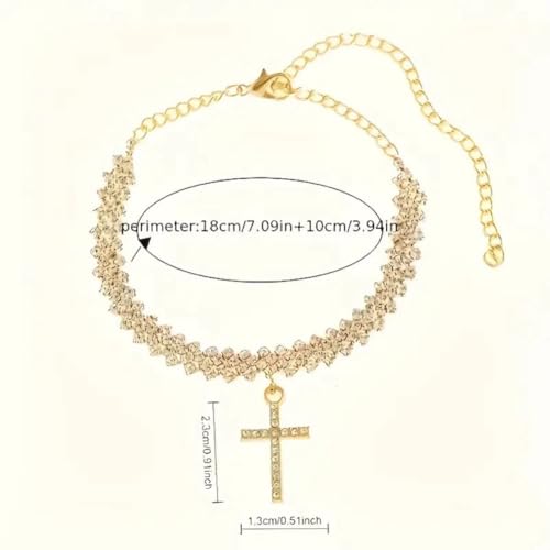 Cross Ankle Bracelet for Women Double Layer Crystal Tennis Chain Anklets Bling Cross Anklets Boho Summer Beach Foot Bracelet - color: silver