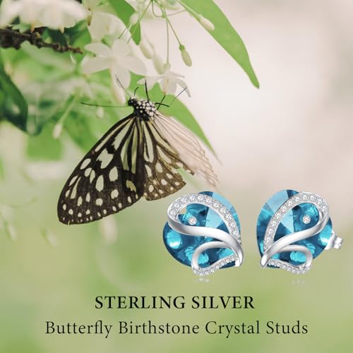 Butterfly Heart Birthstone Crystal Stud Earrings for Women S925 Sterling Silver Heart Birthstone Studs Birthday Gifts for Wife Mother Daughter Girlfriend Mom - color: 03-March