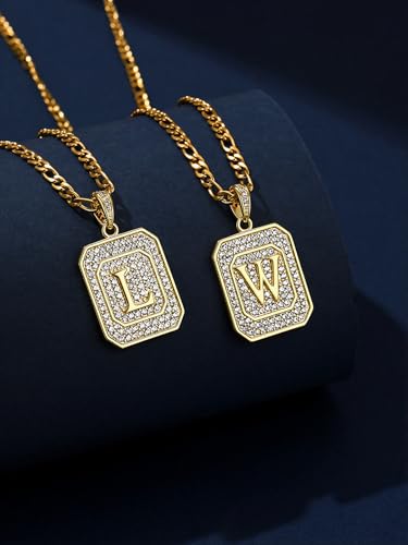 Initial Letter Pendant Necklace for Men Women, 14K/18K Gold A-Z | Square Monogram Pendant Jewelry Waterproof and colorfast with Figaro Chain, Gifts for Women Men - style: 18K Gold S