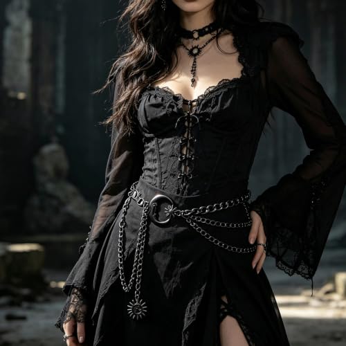 3 Layered Metal Waist Chain Belt for Women Moon & Sun Belly Belt Body Chain Jewelry for Dress Jeans - color: 03 Black
