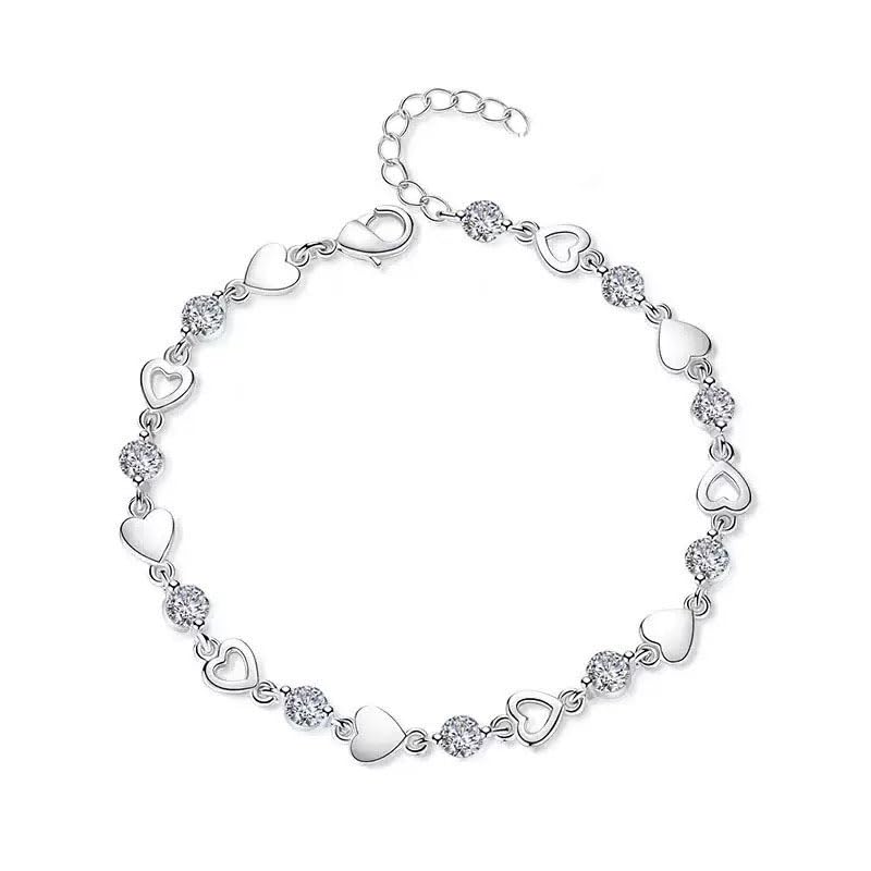 Love Heart Charm Chain Bracelet for Women, Silver Bangle with Zircon Fashion Jewelry Gifts