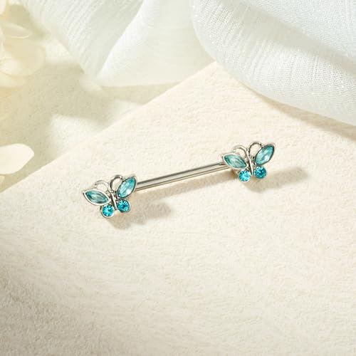 AceFun 5 Pairs 14G Nipple Rings Stainless Steel Heart Butterfly Bow Opal Flower CZ Stud Barbell Set Cute Nipplerings Shields Piercing Jewelry for Women Pink Blue Red Tone Body Jewelry - color: Blue