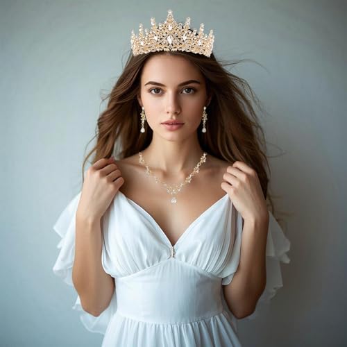 Crystal Crown Jewelry Set for Women Bride Queen Tiara Earrings and Necklace | Metal Royal Crown Costume Jewelry Set Wedding Prom Quinceanera Party Pageant Halloween Retirement Christmas Birthday Gift - color: Gold