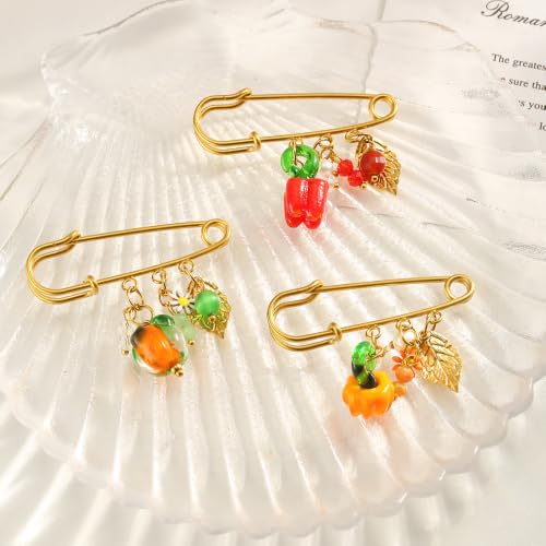 Fall Pumpkin Safety Pin Brooch for Women Leaf with Faux Pearl Daisy Dangle | Stainless Steel, Flower, Acrylic Hanging Lapel Pins, Halloween & Thanksgiving, Sweater Coat Jewelry, Fashion Harvest Season