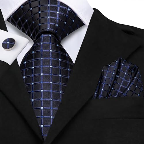 Dubulle Mens Paisley Striped Tie Woven Necktie for Men and Handkerchief Cufflinks Set Wedding Formal Business - color: Black Blue