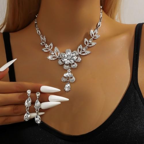 Women Crystal Jewelry Set, 3PCS Gold Bridal Earrings Princess Luxury Necklace Banquet Style Drop Necklace Stainless Steel Crystal Necklaces - color: Multicolor