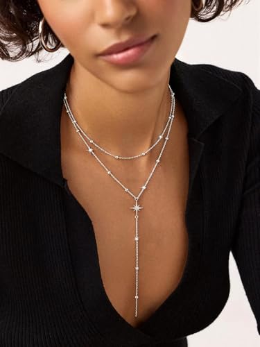 14K Gold Plated Layered Lariat Necklace for Women - Waterproof Non-Tarnish Dainty Gold Chain Necklace, Long Boho Statement Jewelry for Wedding, Prom, Summer Vacation Gifts - color: Layered Beads Y Necklace-Silver