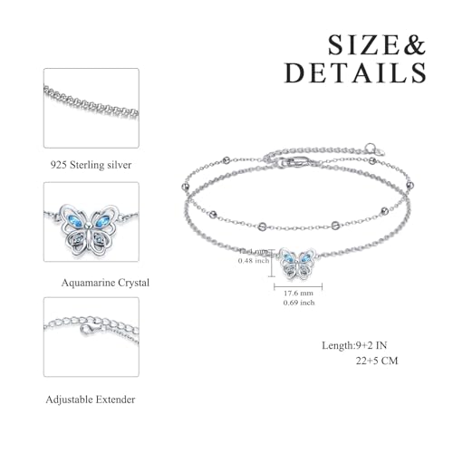 POPLYKE 925 Sterling Silver Double Layered Chain Evil Eye Daisy Sunflower Butterfly Anklets for Women Holiday Beach Crystal Ankle Bracelet Dainty Evil Eye Jewelry - style: Crystal Butterfly Anklet