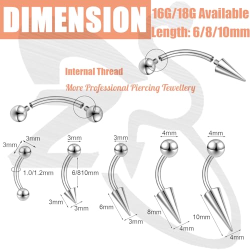 ZS 10Pcs 16G/18G Spike Eyebrow Piercing Jewelry, Internal Thread Curved Barbell Vertical Labret Lip Rings, Spike Tragus Helix Earrings Rook Nose Bridge Rings - color: A:curved barbell, size: 16g,L:10mm