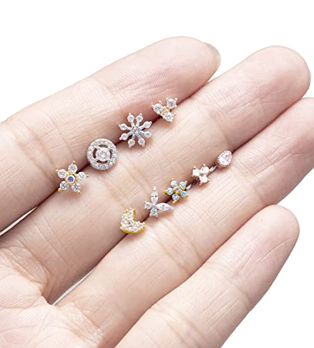 9Pcs Nose Rings Stud L Bone Screw Shaped Nose Ring Flower CZ Snowflake Butterfly Screw Nose Stud Body Piercing Jewelry for Women Men 20G Silver Gold Rose Gold Tone - color: H:Mixed Colors