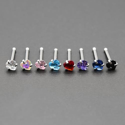 6-Piece Nose Piercing Studs Set, 20G Stainless Steel Nose Studs, 3mm Crystal Heart Star Round Shapes, 0.8x7mm Bone - color: Dark Blue