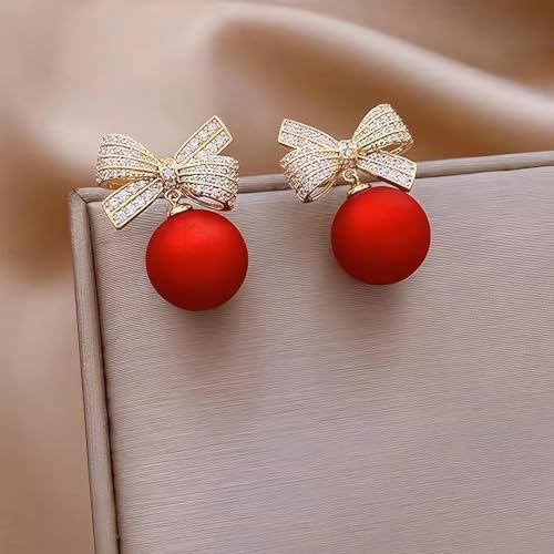 Gold Bow Earrings for Women, Long Tassel Chain Drop Earrings, Trendy Small Bow Earrings, Ribbon Waterfall Dangling Earrings, Pearl Bow Earrings, Sparkly Elegant Bowknot Preppy Jewelry Gifts for Women - color: Red-Q