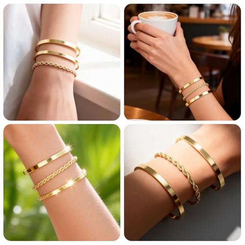 Gold Bracelets for Women, 14K Gold Plated Bangle Cuff Bracelets Stack for Women, Dainty Waterproof Stackable Bracelet Jewelry Gifts