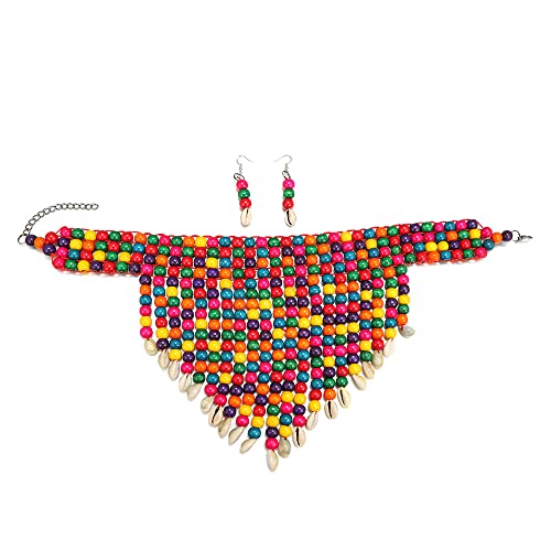 Wooden Beaded Seed Bib Necklace and Earrings Set for Women,Statement African Boho Layering Chunky Collar Choker Set - color: Multi