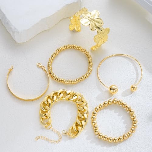 Golden Stackable Bracelets Set for Women Trendy Multi Layer Adjustable Chunk Flower Cuff Bracelet Geometric Irregular Wave Statement Bangle Glamour Stacking Cuff Jewelry - color: Gold-D