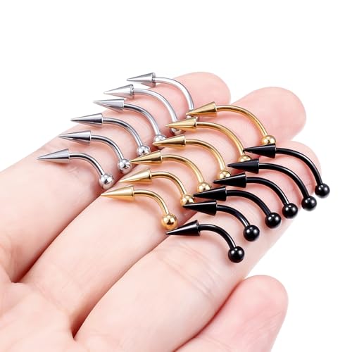 18Pcs Angel Bites Piercing Jewelry Surgical Steel Vertical Labret Lip Jewelry 16G Snake Bites Piercing Jewelry Curved Barbell Long Spike Eyebrow Rings for Women Men Bar Length 6mm/8mm/10mm - style: spike length 6mm