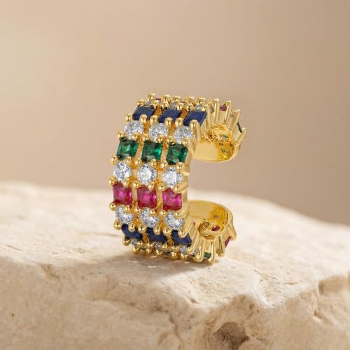 Gold Ear Cuff for Women Non Piercing | Cuff Earrings, 14K Gold Plated, Colorful Cubic Zirconia Pave, Pearl, Clover, Cartilage Earrings Trendy Jewelry, Single - color: Multi-color B