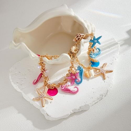 Spiritrain Handmade Starfish Seashell Pearl Bracelets for Women Gold Plated Bohemian Charm Sea Shell Couch Beads Adjustable Chain Anklet Bracelets Hawaiian Beach Holiday Mermaid Costume Jewelry Gifts - color: Rose red