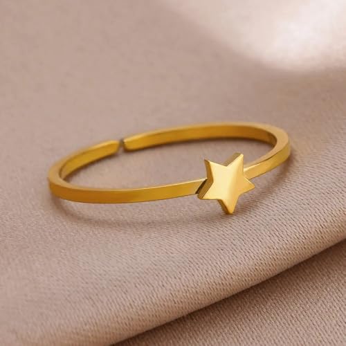 Sun and Moon Rings Stainless Steel Crescent Sun Rings for Women Gold Open Ring Middle Index Finger Jewelry Gift - color: E-Gold Star