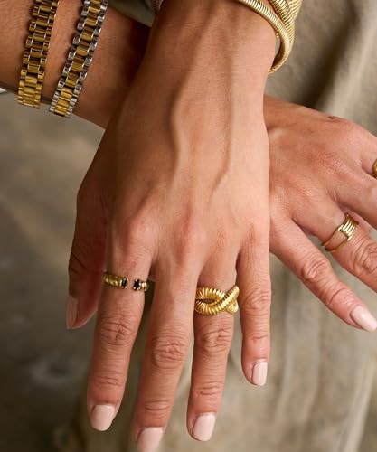 Minimalist Textured Twist Chunky Statement Ring,Gold Plated Stainless Steel Open Ribbed Band Stackable Chic Style Ring for Women - style: Style F