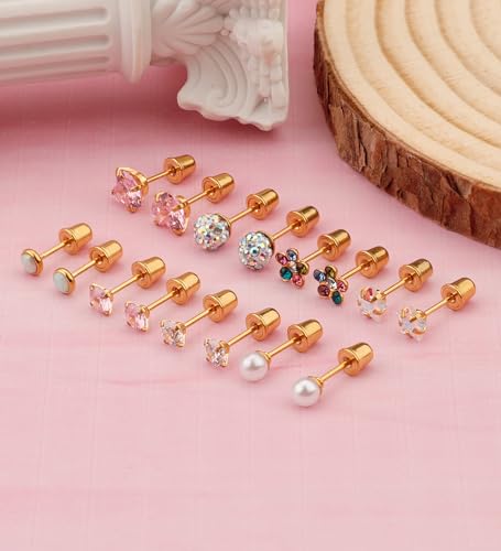 Staligue 8 & 21 Pairs Hypoallergenic Screw Back Earrings for Women – 20G Surgical Steel Flat Back Studs with Heart, CZ, Pearl, Star & Ball Designs | Tiny Cartilage Jewelry Options - color: Gold