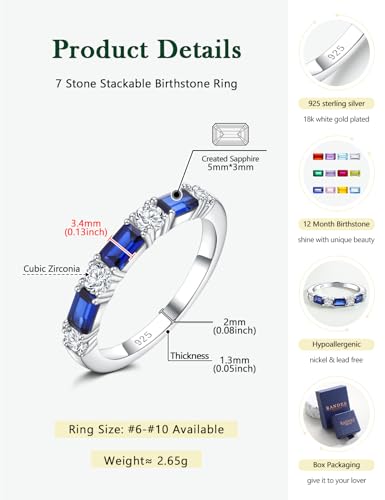 3.5mm Half Eternity Band Sterling Silver Rings for Women Sapphire/Ruby/Emerald and Cz Wedding Bands 7 Stone Stackable Birthstone Ring Anniversary Jewelry Size 6-10 - color: 09-Sapphire-Sep.