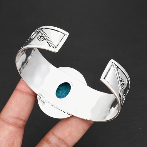 Silver Plated Statement Cuff Bangle Bracelet for Women – Handcrafted Wide Boho Bracelet with Natural Stone Inlay (Abalone Shell, Blue Turquoise, Malachite) Ideal Gift For Birthday Anniversaries Adjustable Fashion Jewelry - color: Blue Turquoise