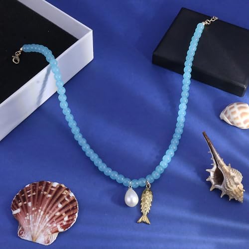 Fish Shell Necklace for Women, Beaded Necklaces Boho Statement Necklace, Pearl Necklaces Summer Beach Vacation Dress & Costume Jewelry - color: Ocean Blue-fish