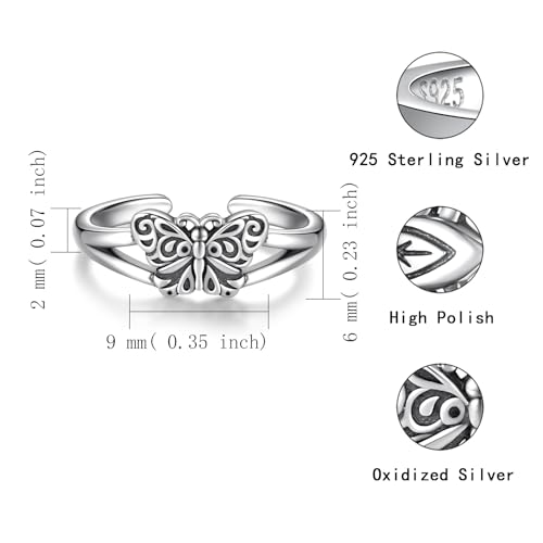 Sariel 925 Sterling Silver Toe Rings for Women Boho Adjustable Mid Finger Rings Summer Vacation Ocean Beach - color: Butterfly