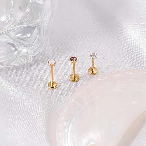 16G 18G 3PCS G23 Titanium Internally Threaded Labret Monroe Stud Lip Rings Opal CZCartilage Helix Tragus Stud Earrings Conch Stud Titanium Piercing Jewelry for Sensitive Skin 6MM 8MM 10MM - style: 18G-Gold
