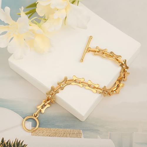 SOFYBJA 18k Gold Plated Personalized Chunky Cuban Oval Link Chain Bracelets for Men Toggle Rope Bracelet Jewelry for Women - style: Bone Chain Link Bracelet