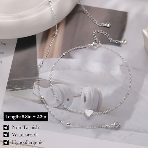 Gold Silver Ankle Bracelets for Women Waterproof 14K Gold Plated Anklets for Women Non Tarnish Dainty Layered Beaded Heart Anklet Set Summer Beach Foot Chain Jewelry Gifts Trendy Stuff - color: E- Heart Anklets- Silver