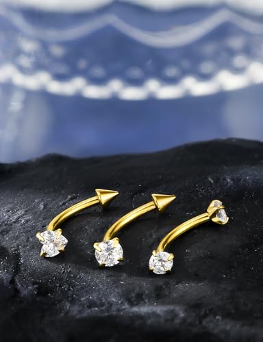 16G Eyebrow Ring Piercing Jewelry Surgical Steel Internal Thread CZ Heart Star Vertical Labret Lip Ring Rook Daith Earrings Belly Button Ring Piercing Jewelry for Women Silver Black Gold - color: Gold, size: 16G, 10mm Length, 3mm CZ