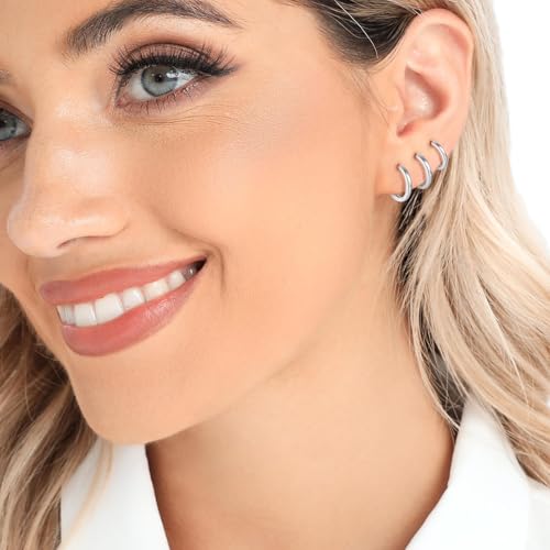 3 Pairs 925 Sterling Silver Hoop Earrings 14K White Gold Plated Small Silver Hoops Cartilage Huggie Earrings for Women Men - color: P-Silver 3Pairs 10mm