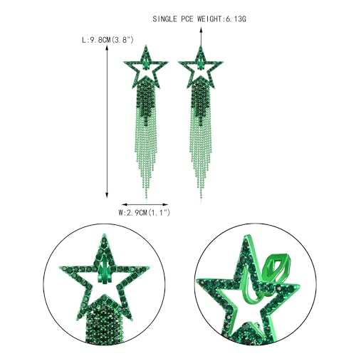 EVER FAITH Crystal Long Waterfall Star Tassel Clip-on Earrings for Women | Rhinestone Beaded Fringe Chandelier Dangle Statement Earring, Wedding Party Jewelry - color: Green Green-Tone